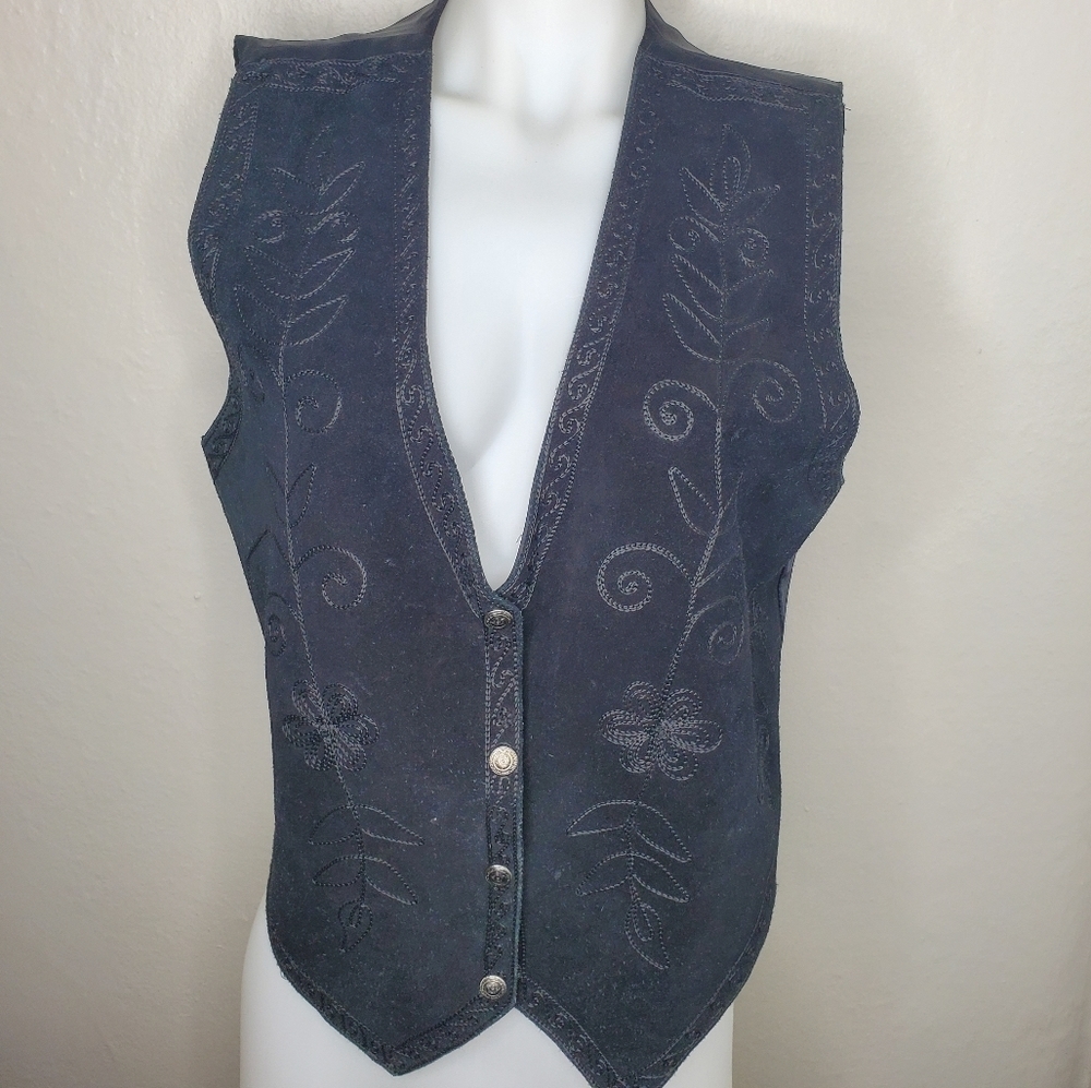 Black Leather Vest w/ Floral Embroidery
